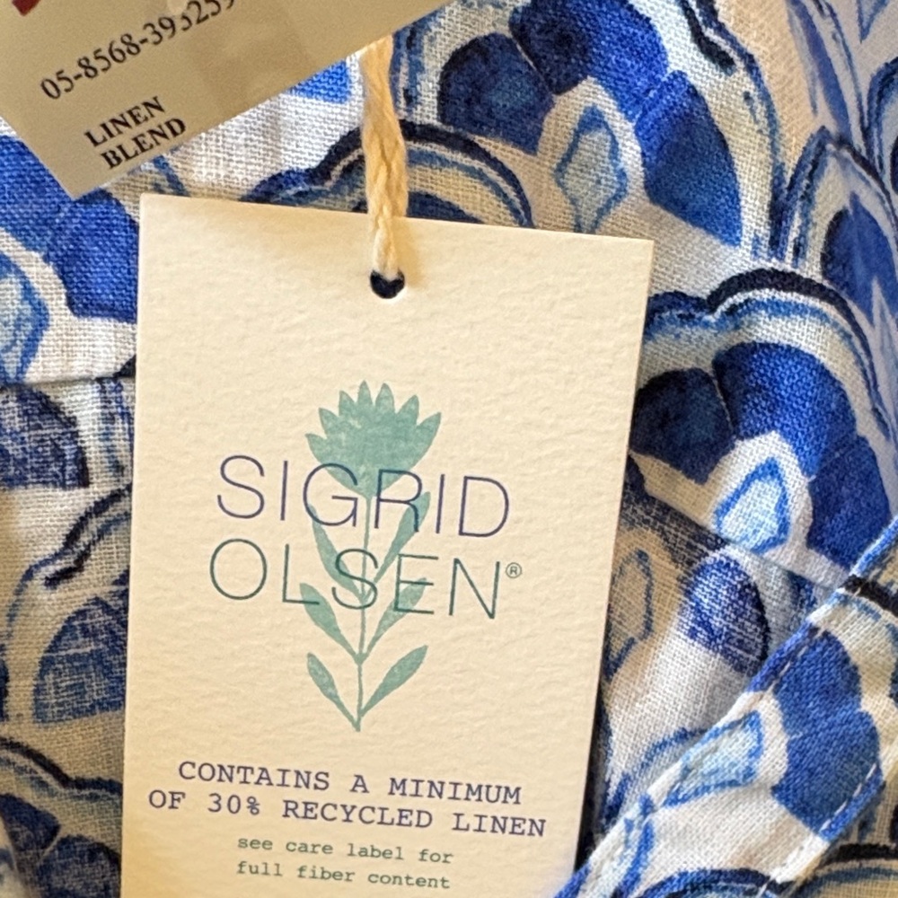 Sigrid Olsen Blue and White Linen Fan Medallion Print Midi Dress Small NWT’s - Picture 9 of 11